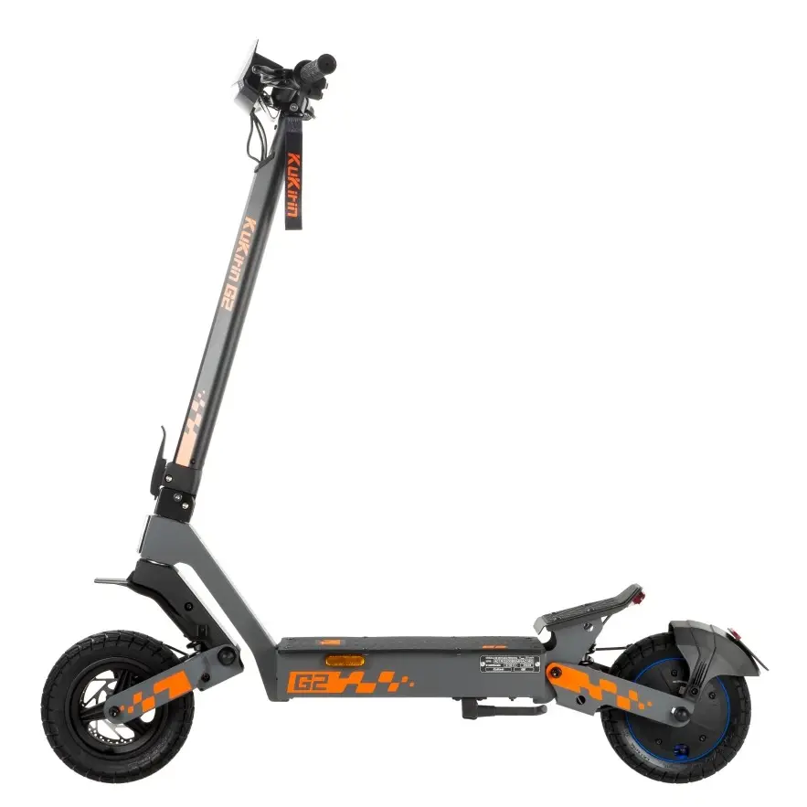 KuKirin G2 VMP electric scooter side view on white background, foldable stem, rugged frame design, built for urban commuting and light off-road use, 500W motor, 48V 15.6Ah battery, 25km/h max speed, 65km max range,global kukirin