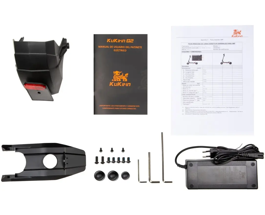  KuKirin G2 VMP official accessory kit including rear light assembly, user manual, specifications sheet, tools, screws, and the original charger. Everything needed for setup and maintenance, global kukirin