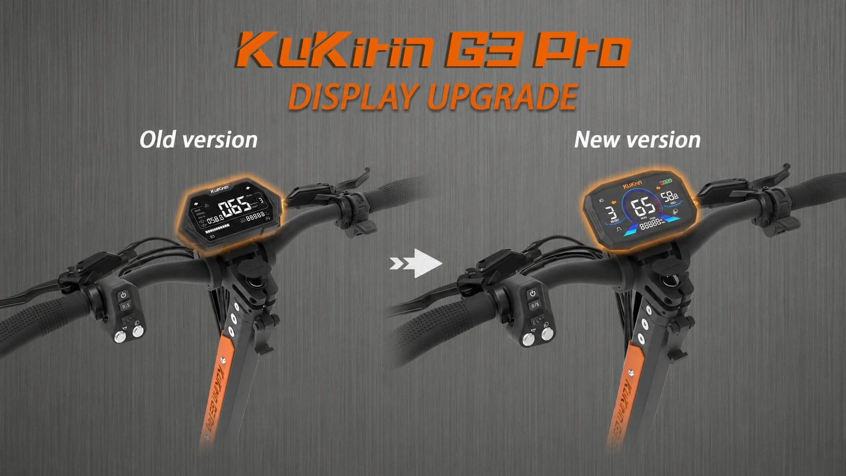  KuKirin G3 Pro display upgrade comparison, showing the old and new versions of the dashboard. The new version features a more colorful, modern interface with enhanced readability for speed, battery, and mode information, global kukirin