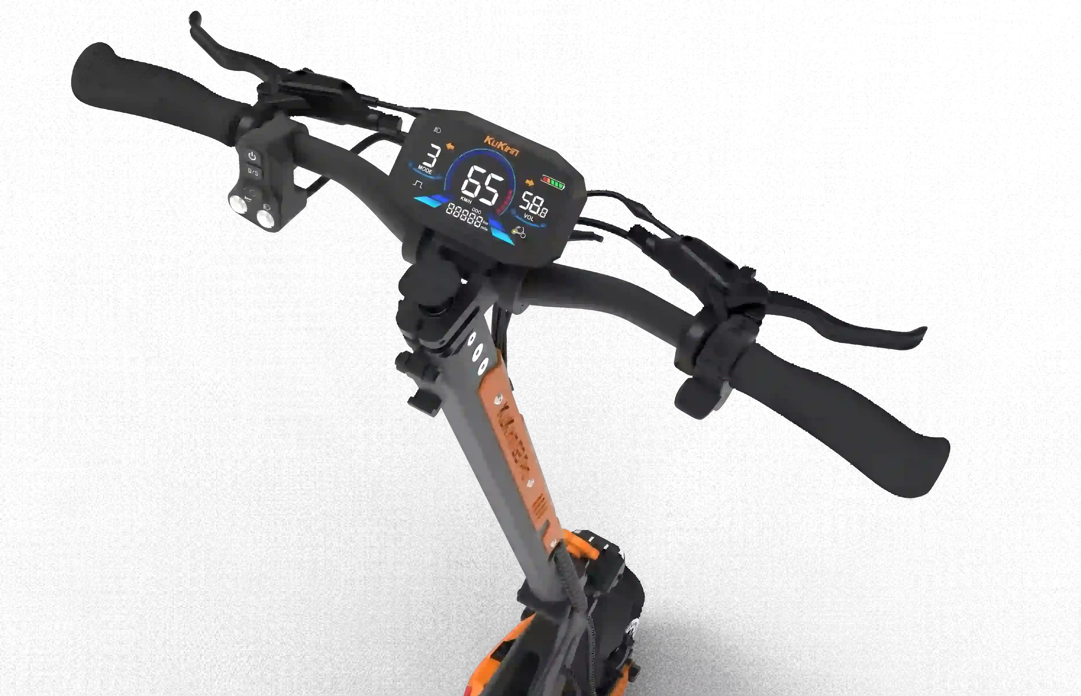 KuKirin G3 Pro handlebar control panel close-up, featuring the upgraded color LCD display showing speed, battery voltage, odometer, and riding mode, plus dedicated buttons for lights, cruise control, and power. Ergonomic controls for easy operation, global kukirin