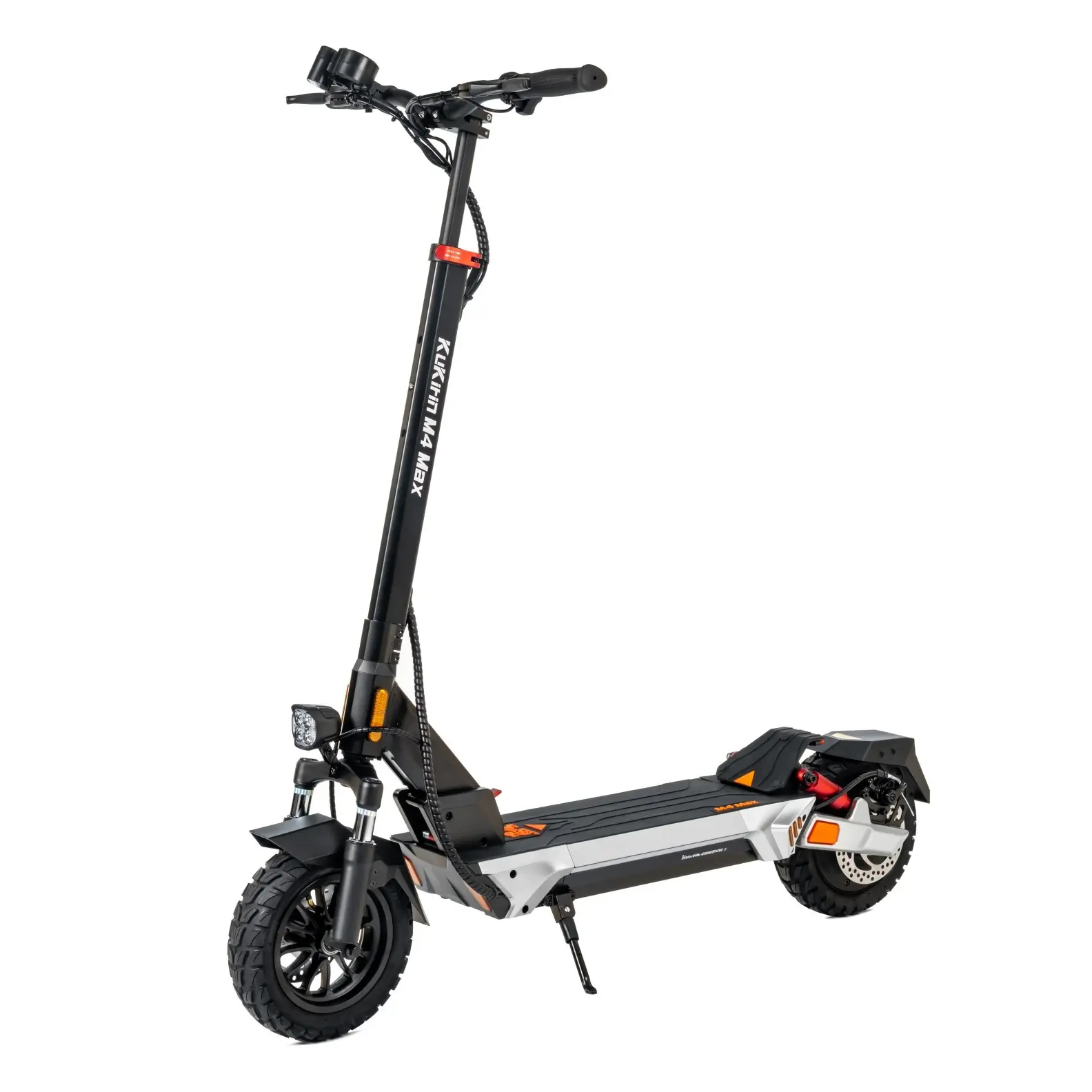 KuKirin M4 Max front full view white background product shot, integrated quadruple front headlight, 10-inch anti-slip off-road tires, foldable vertical stem, IP54 waterproof commuter scooter, 800W motor, 48V 18Ah battery, 45km/h max speed, 64km max range,global kukirin