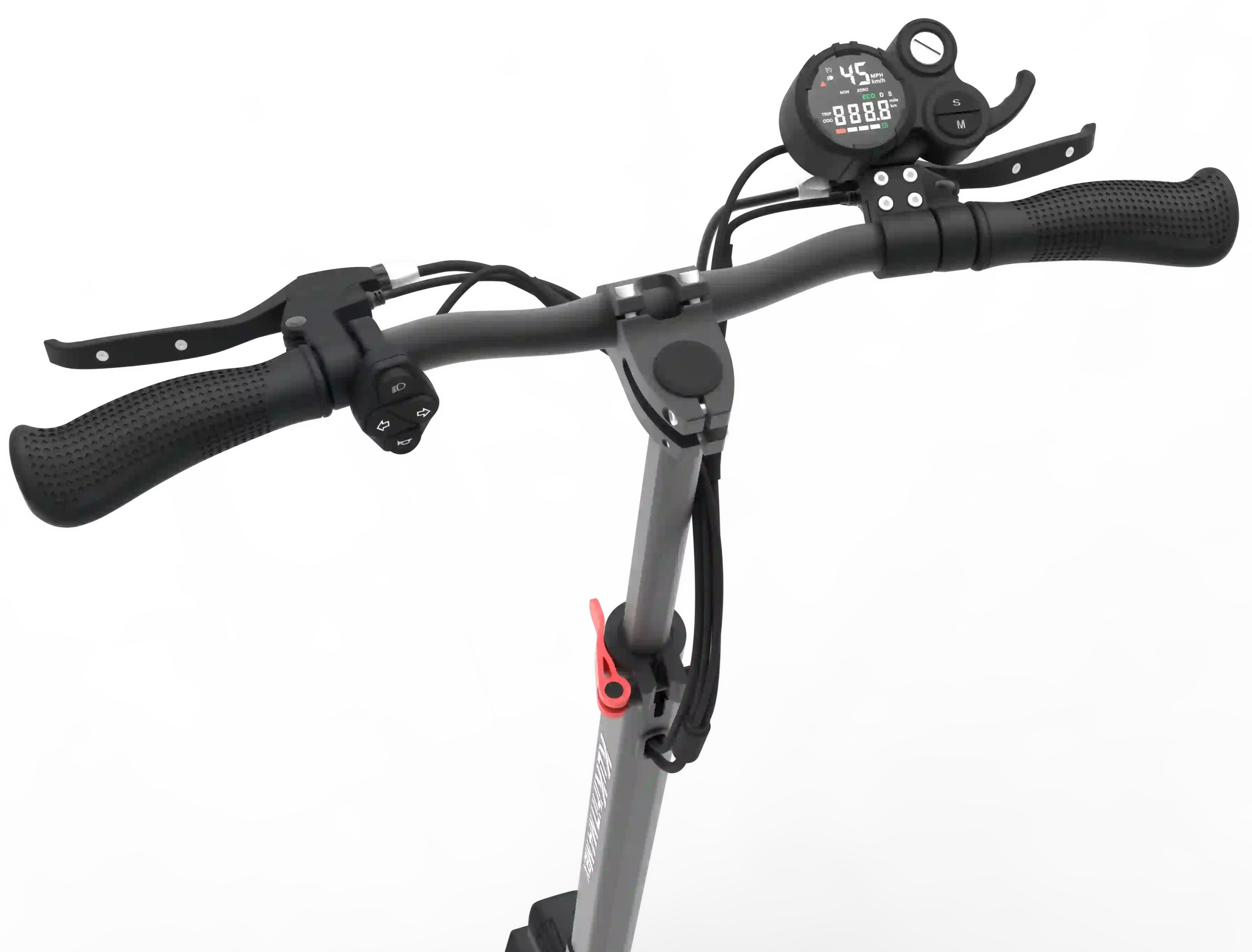 KuKirin M4 Max handlebar close-up with digital speed dashboard, multifunctional turn signal and light control buttons, ergonomic textured grips, intuitive operation for urban and off-road riding,800W motor, 48V 18Ah battery, 45km/h max speed, 64km max range, global kukirin