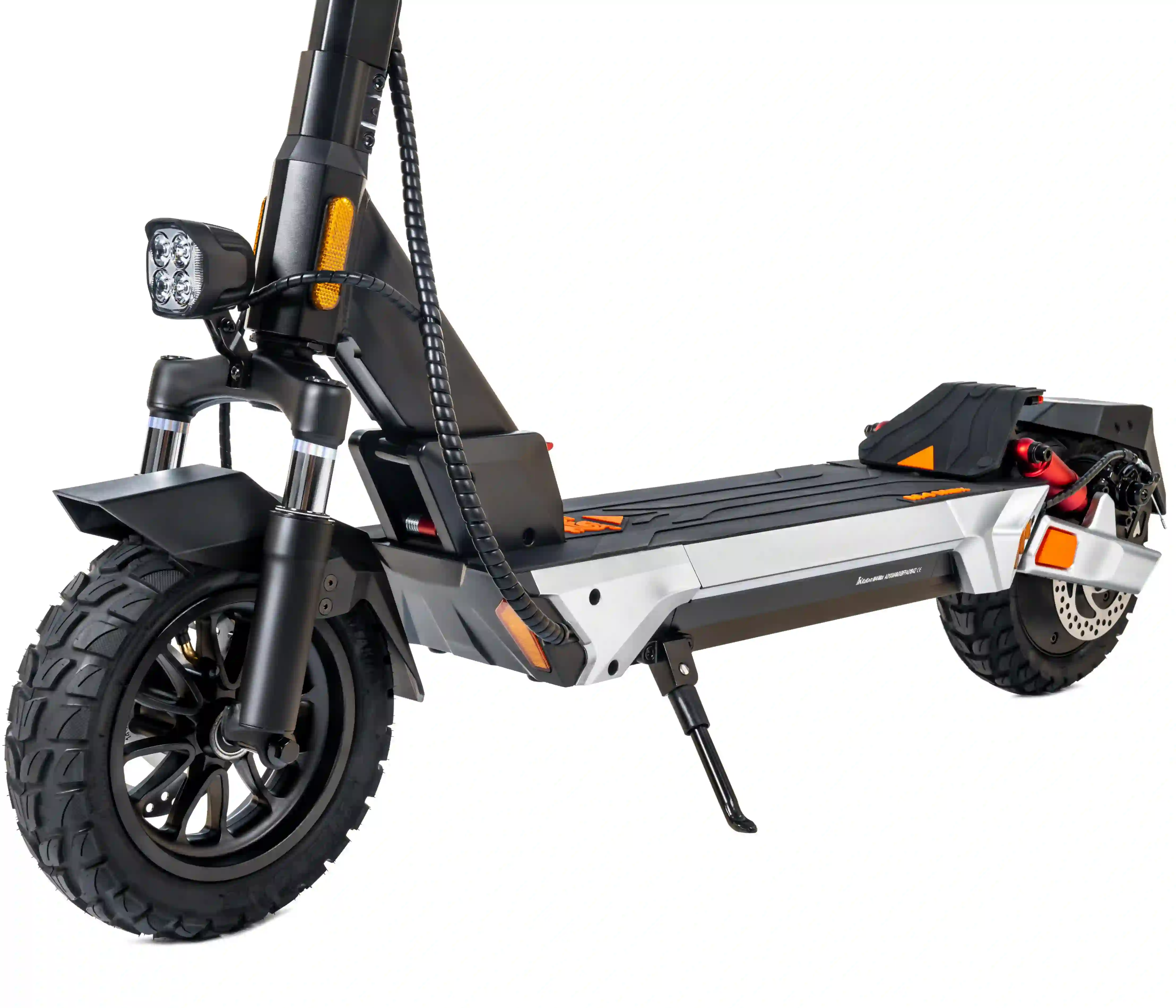 KuKirin M4 Max full side view on white background, dual 800W high power electric scooter, 48V 18Ah battery, 45km/h max speed, 64km max range,rugged wide deck design, front quadruple headlight, dual front and rear suspension, foldable structure for daily commuting, global kukirin