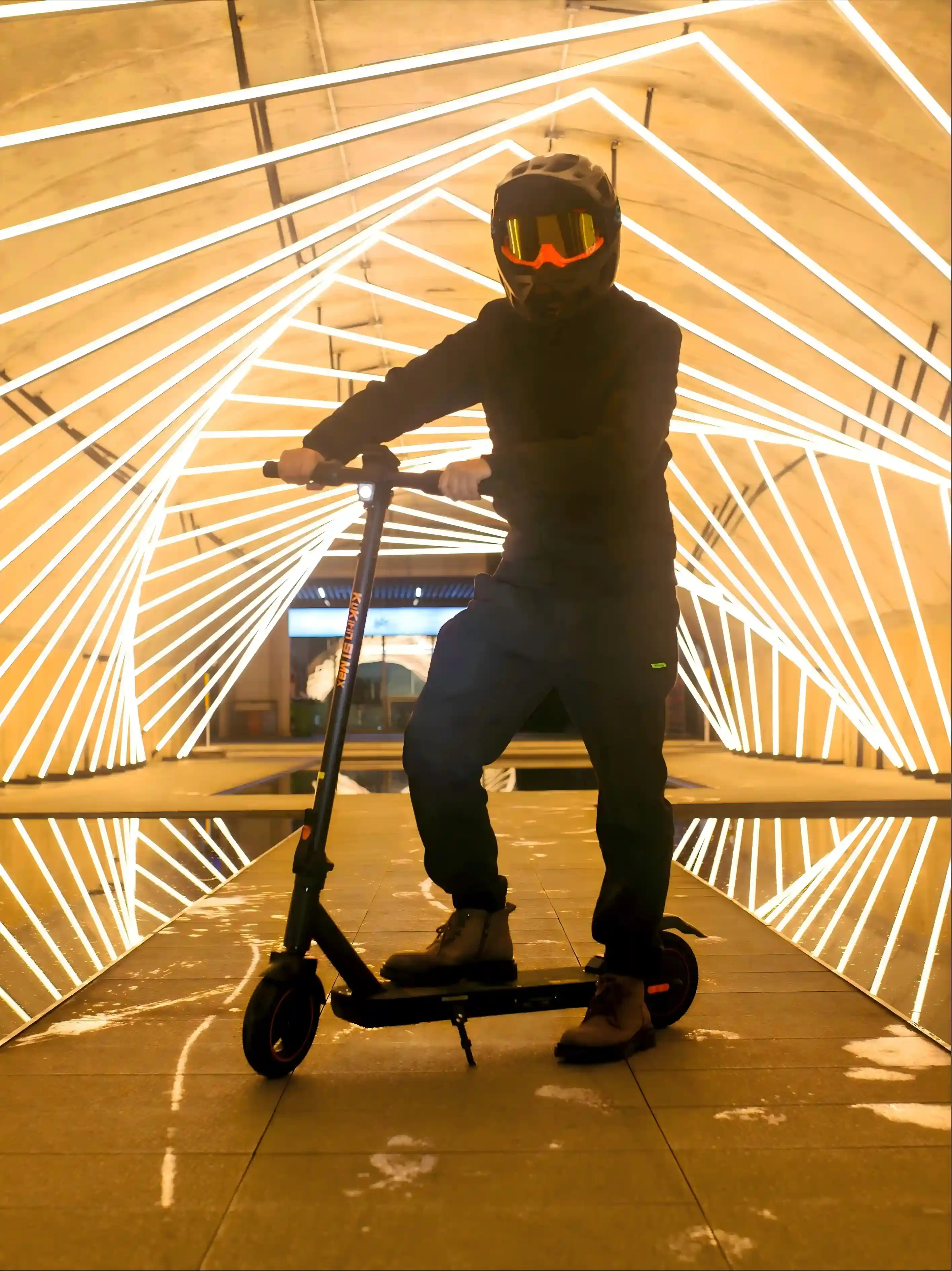 Kukirin S1, night urban commuter in LED tunnel, lightweight foldable e-scooter, 350W motor, 36V 10.5Ah battery, 25km/h max speed, 39km range, IP54 waterproof, fast shipping to all Europe, global kukirin