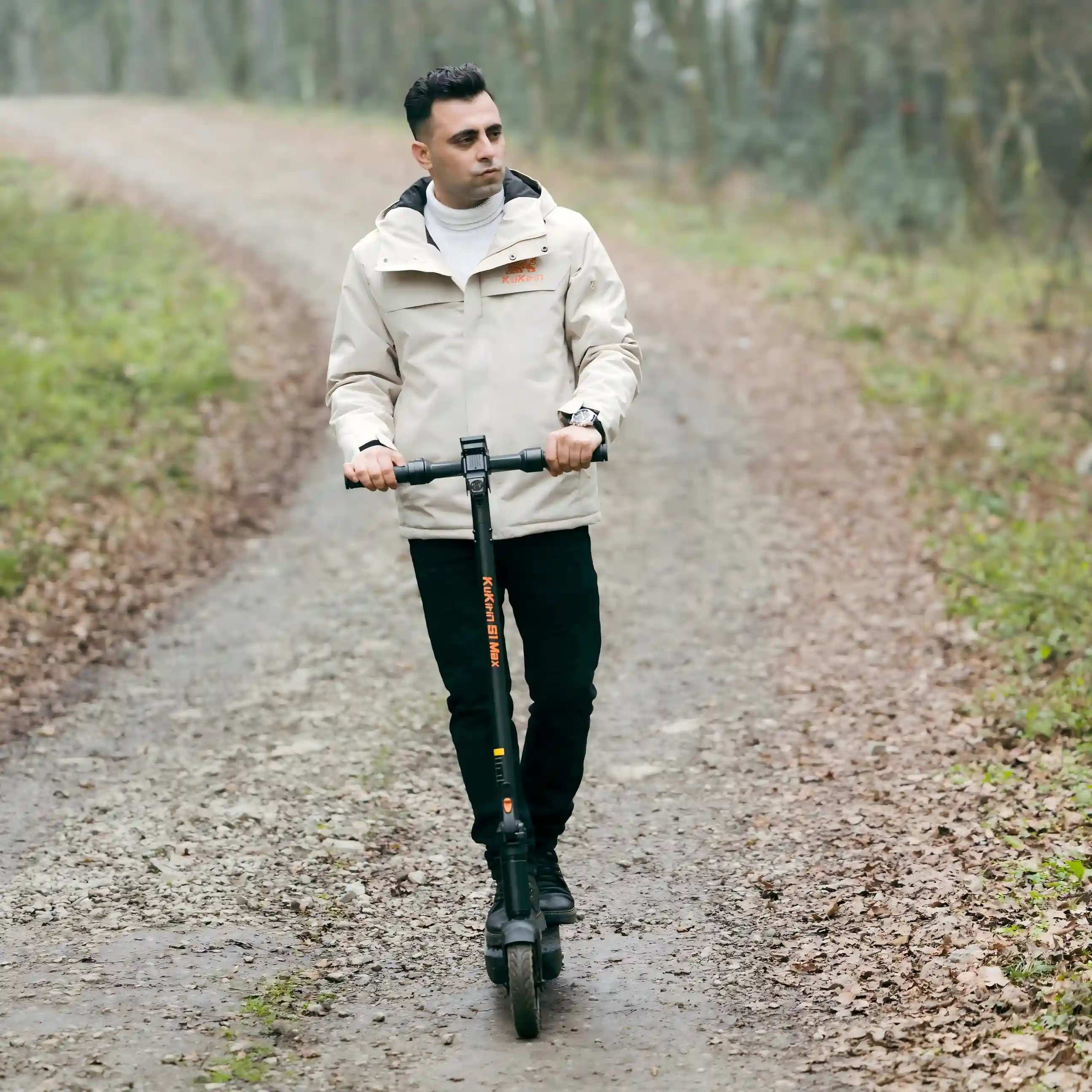 Kukirin S1 Max outdoor riding on forest path, versatile use, lightweight foldable e-scooter for daily trips, global kukirin