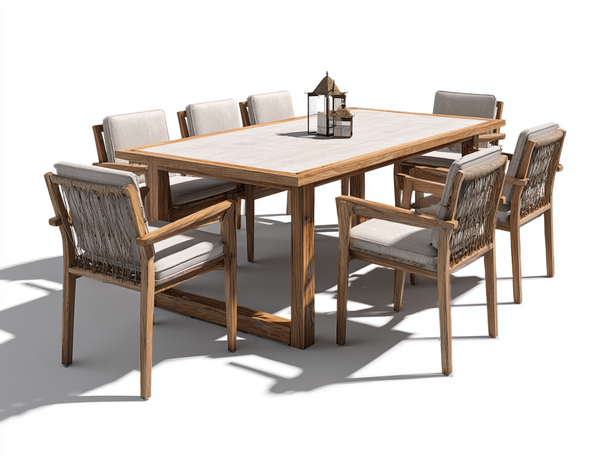 Set da pranzo da esterno - legno-corda-tessuto - 220x100x75 cm - beige-legno naturale - rustico moderno-Silaidecor