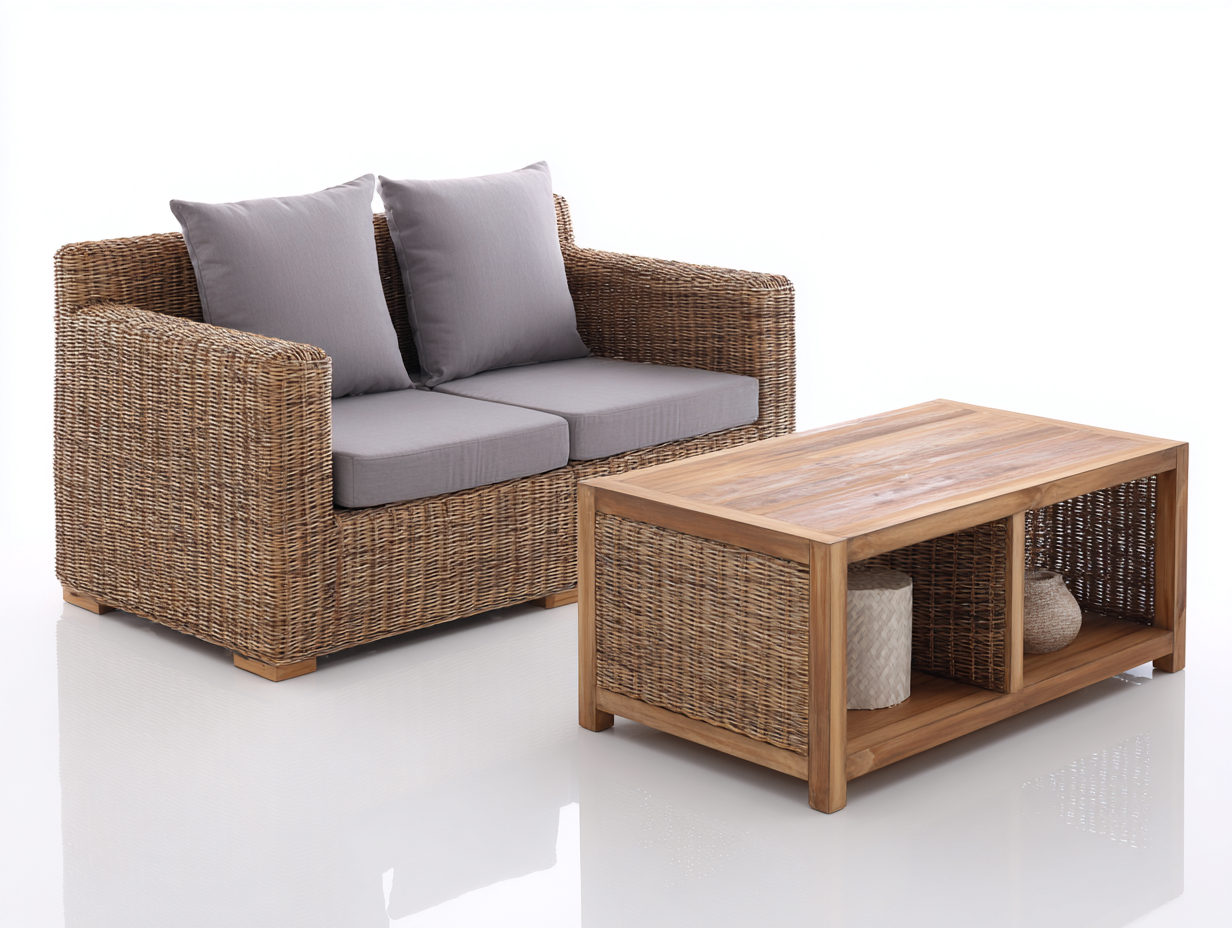 Divani da esterno - Rattan - Legno - 160x82x78 cm - Naturale-Grigio - Stile naturale-Domolohaus