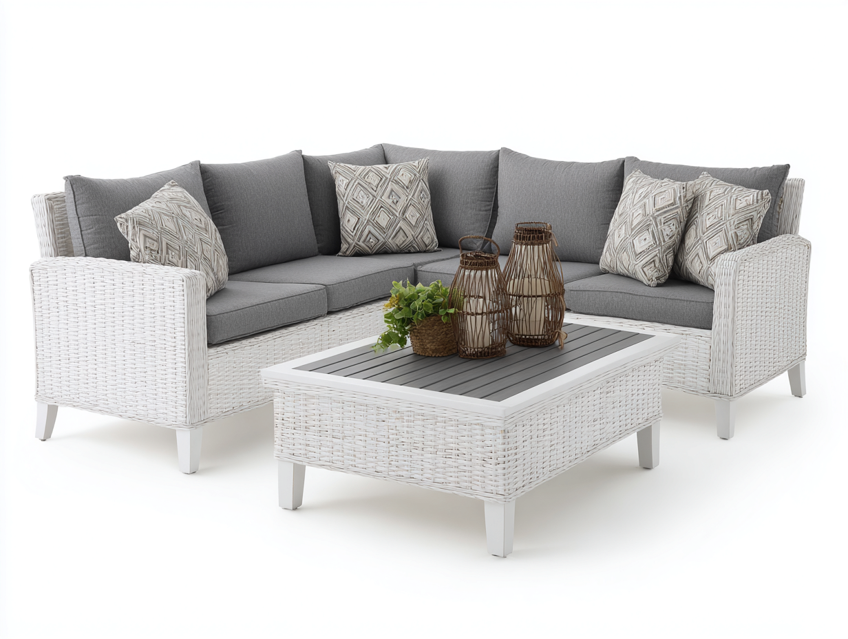 Divani da esterno - Rattan - Legno - 220x220x73 cm - Bianco-Grigio - Stile contemporaneo-Domolohaus
