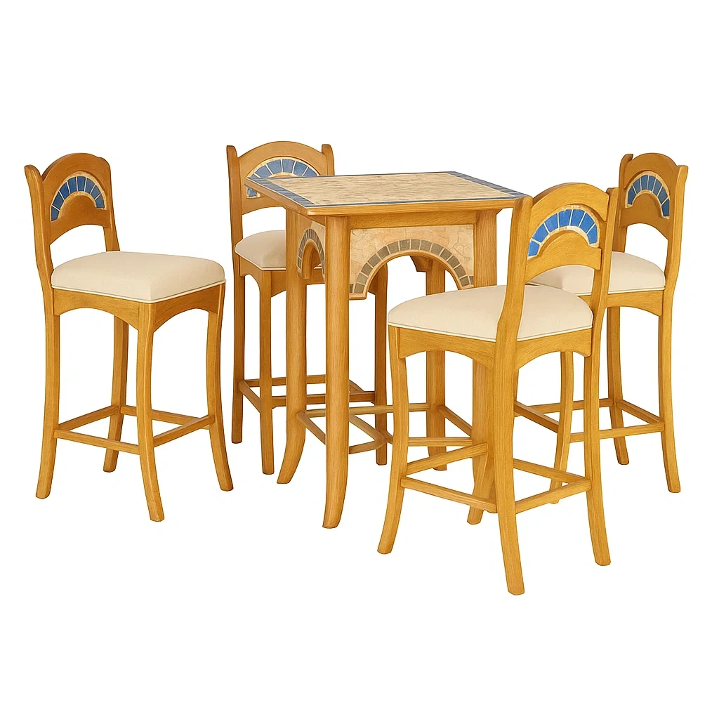 Zestaw drewnianych krzeseł barowych z ceramiczną mozaiką-homilume