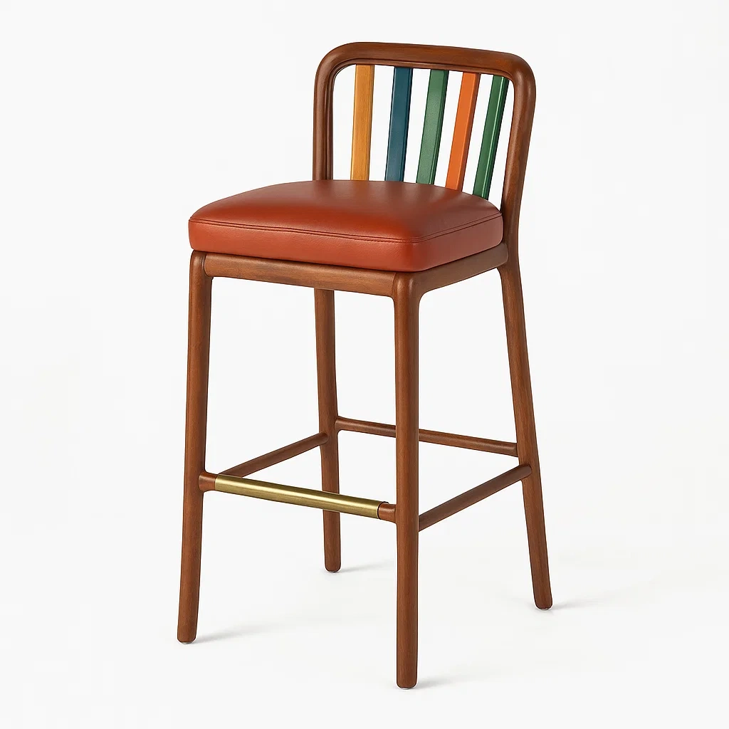 Krzesło barowe drewniane z siedziskiem skórzanym, kolorowe oparcie-homilume