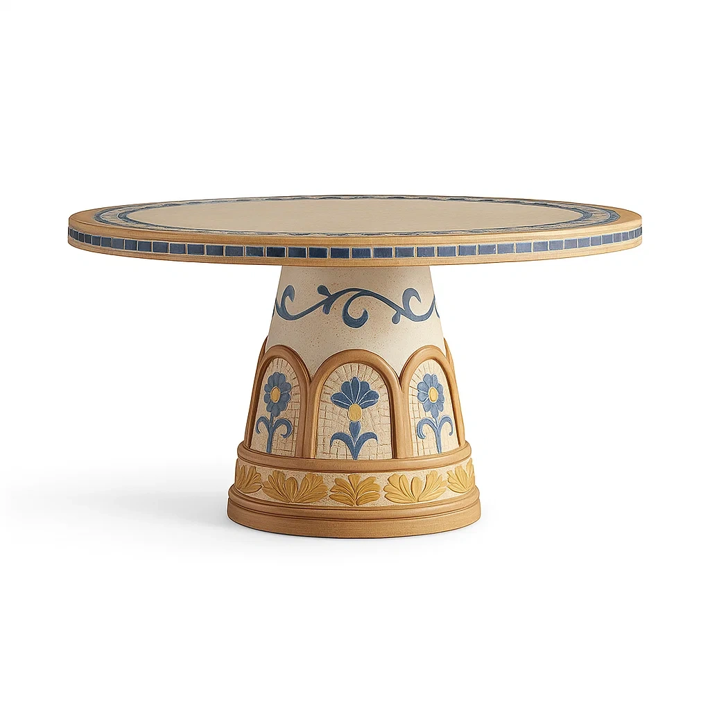 Okrągły stół ceramiczny Beżowy z Niebieskimi Zdobieniami-homilume