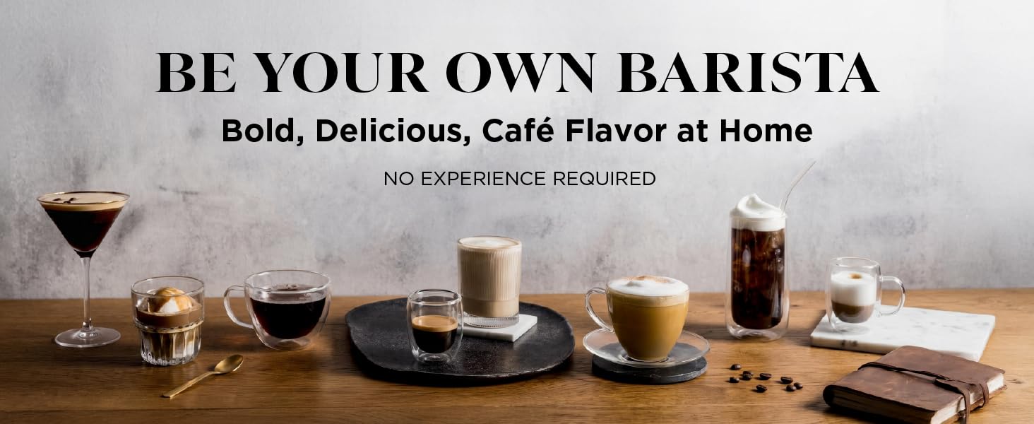 Image of multiple coffee preparations with text reading bold delicious cafe quality at home.