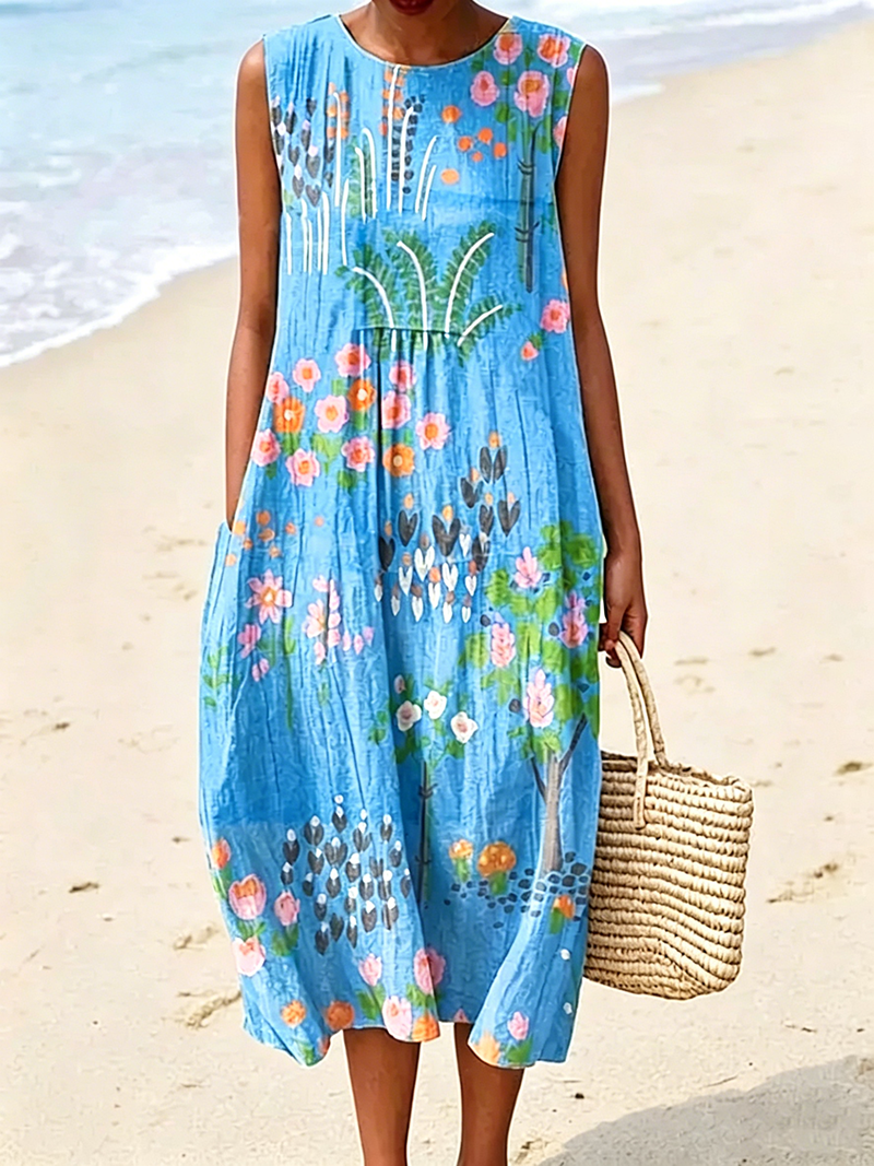 Lockeres A-Linien-Midikleid mit Taschen für den Strandurlaub