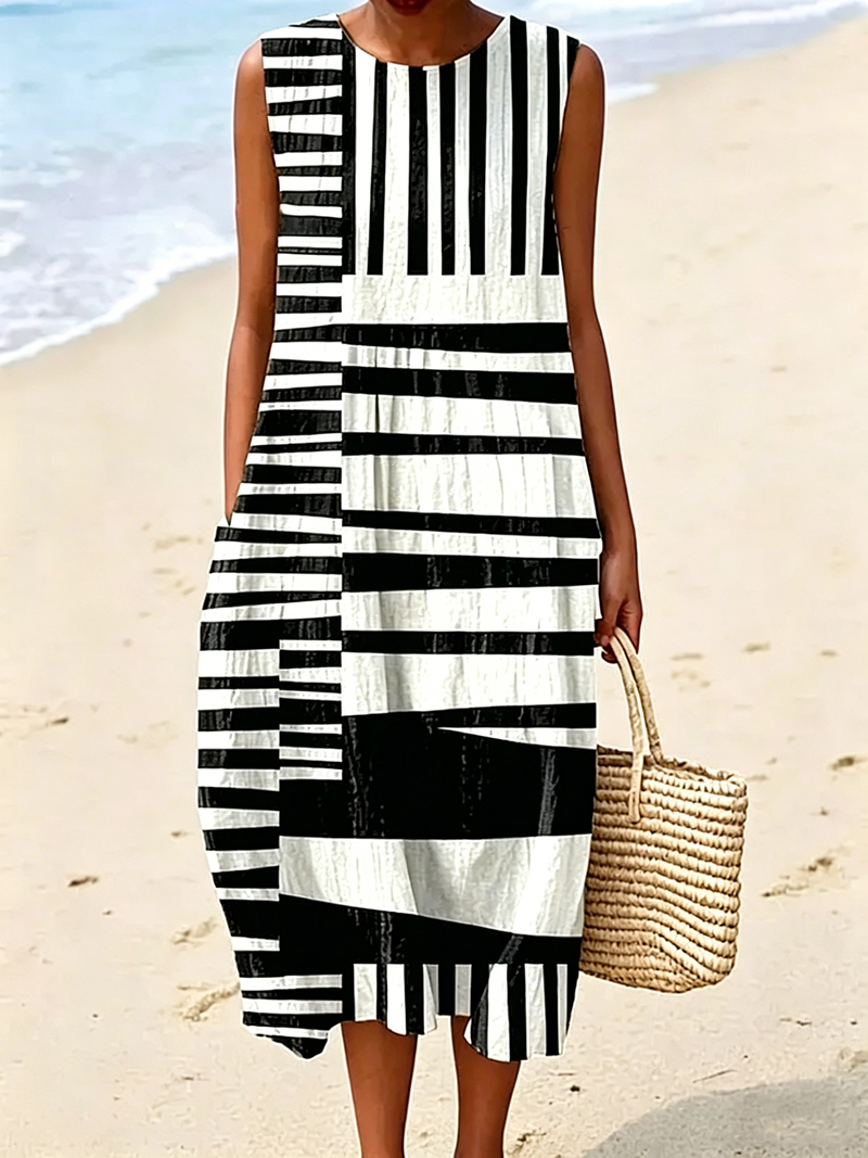 Lockeres A-Linien-Midikleid mit Taschen für den Strandurlaub