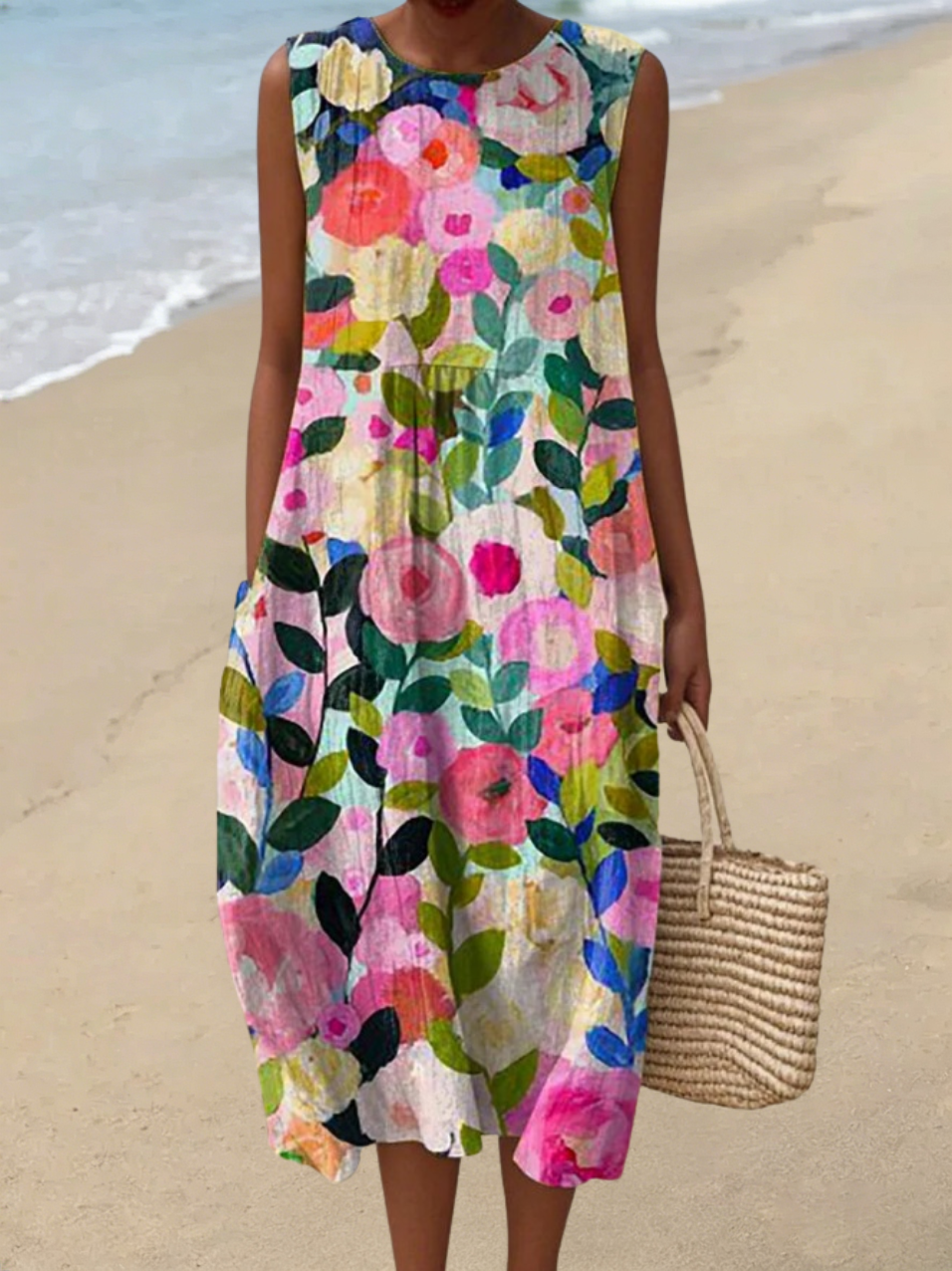 Ärmelloses Damen-Freizeitkleid aus Baumwolle mit Print