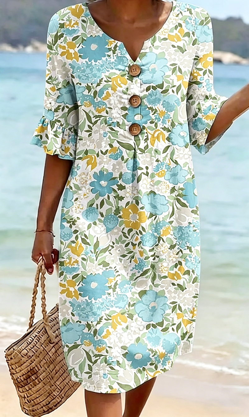 Lässiges Leinenkleid mit V-Ausschnitt und Print, geeignet für reife Damen