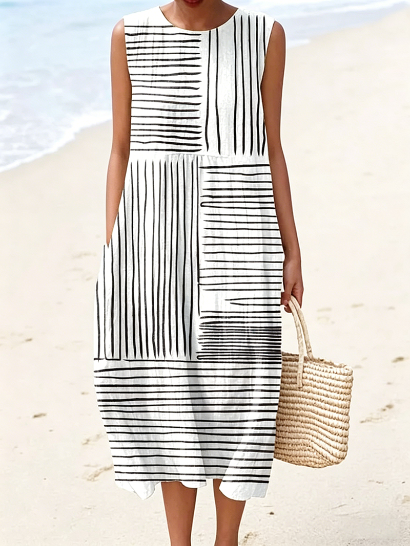 Lockeres A-Linien-Midikleid mit Taschen für den Strandurlaub