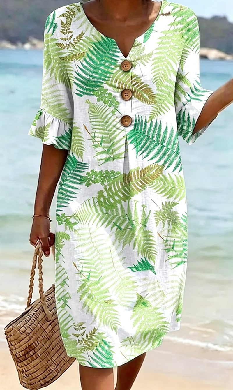 Lässiges Leinenkleid mit V-Ausschnitt und Print, geeignet für reife Damen