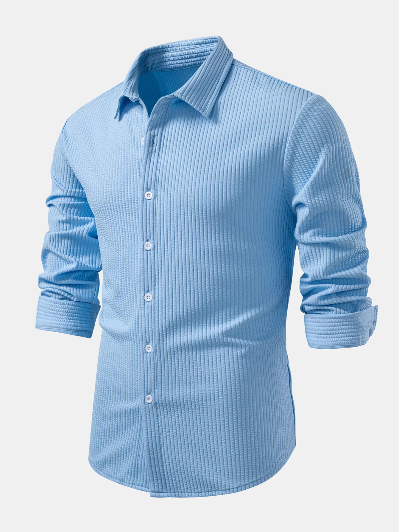 Herren Langarm Muskel-Fit Ripp-Button-Up Gestreiftes Hemd-deurabatt