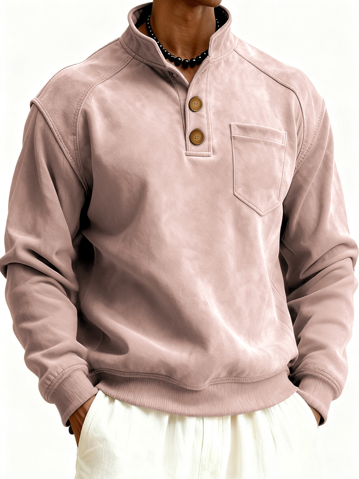 Herren Faux Suede Raglanärmel Button-down Stehkragen Pullover Sweatshirt mit Brusttasche-deurabatt