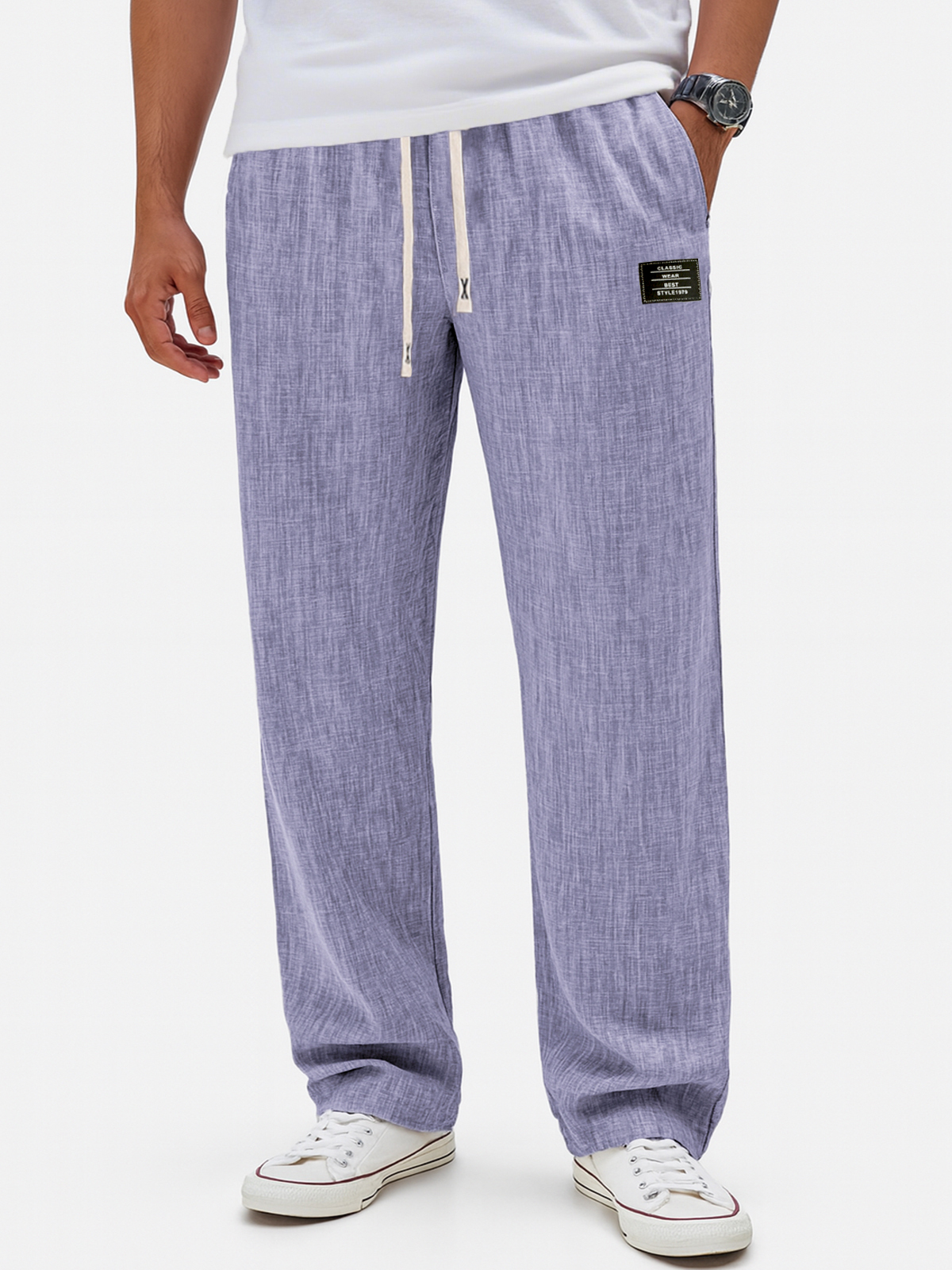 Herren Atmungsaktive Leinen Crinkle Freizeit Jogginghose mit Bestickten Etiketten-deurabatt