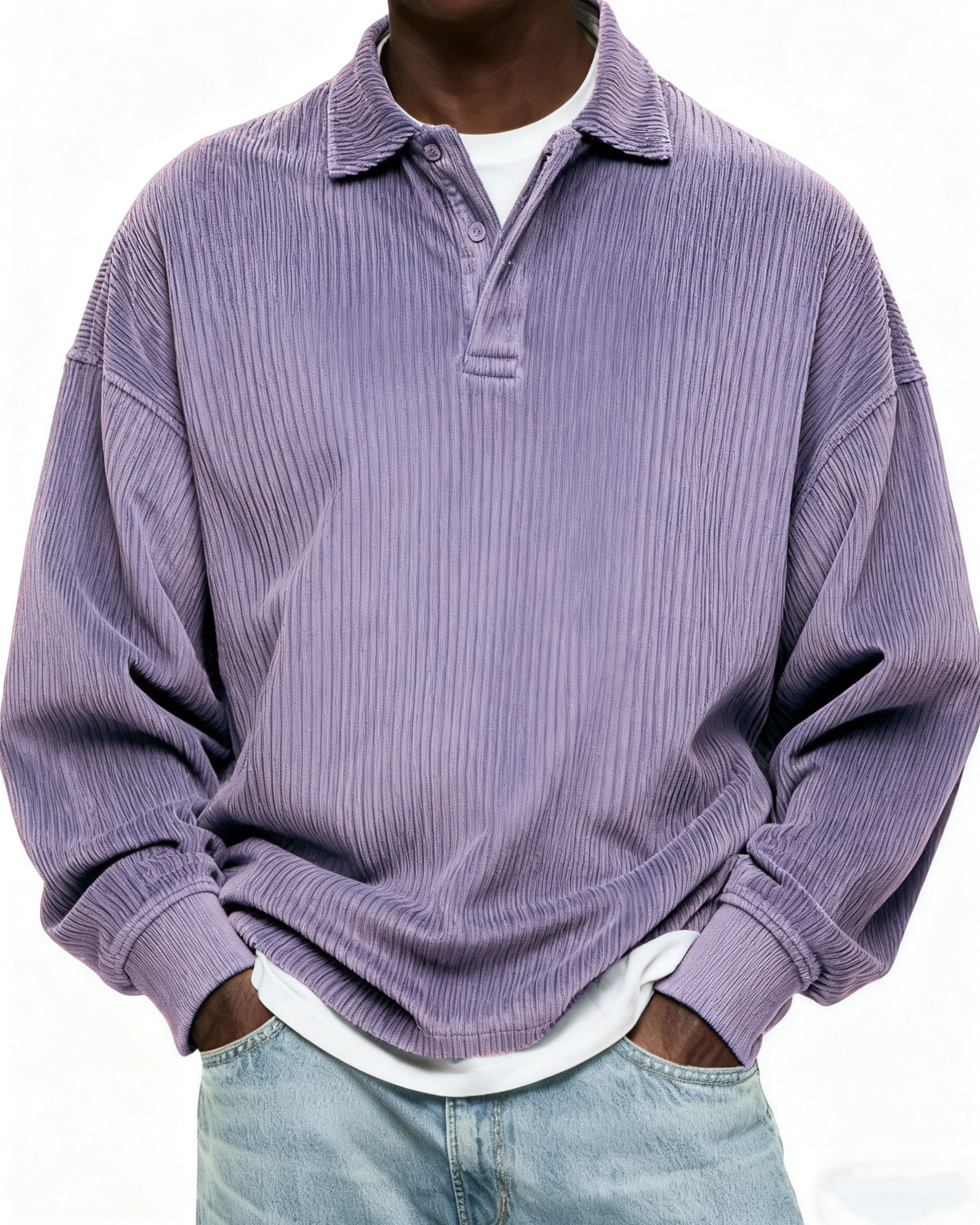 Herren Einfaches Cordstoff Textur Knopf Alltag Pullover POLO Hemd-deurabatt
