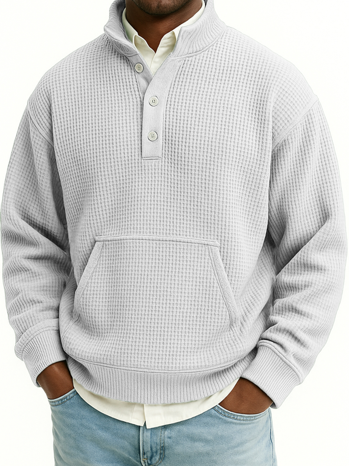 Herren Waffel Viertel Reißverschluss Stehkragen Sweatshirt mit Kängurutaschen-deurabatt