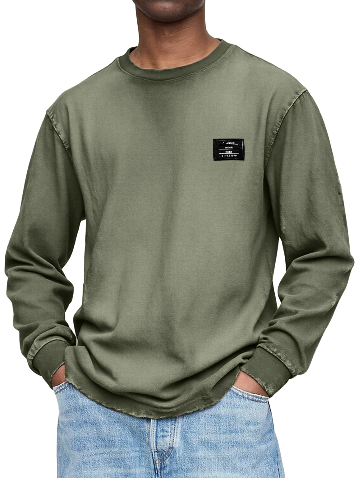 Herren Vintage Casual Gewaschen und Abgenutzt Schweres, Handgefertigtes Besticktes Logo Langarm-T-Shirt-ZierMode
