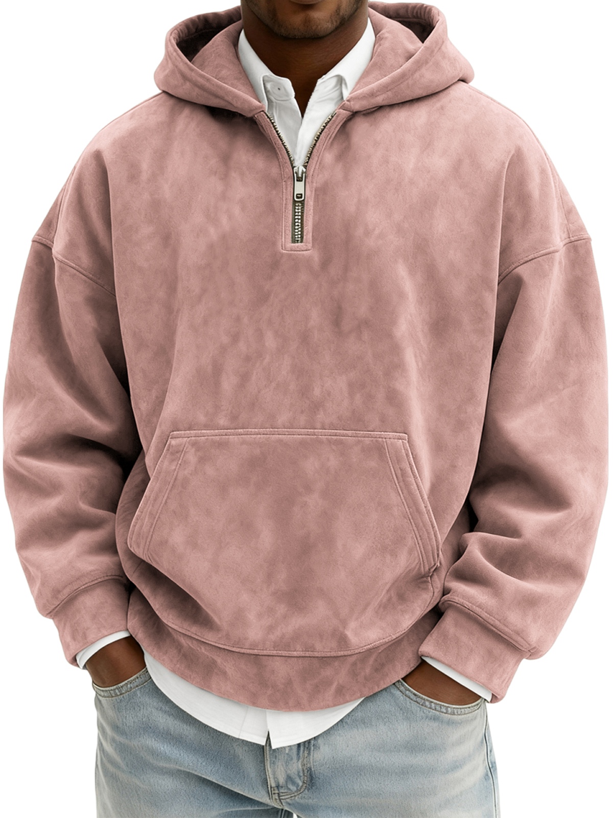 Herren Vintage Wildleder Viertel-Reißverschluss Kapuzenpullover mit Kängurutasche-deurabatt