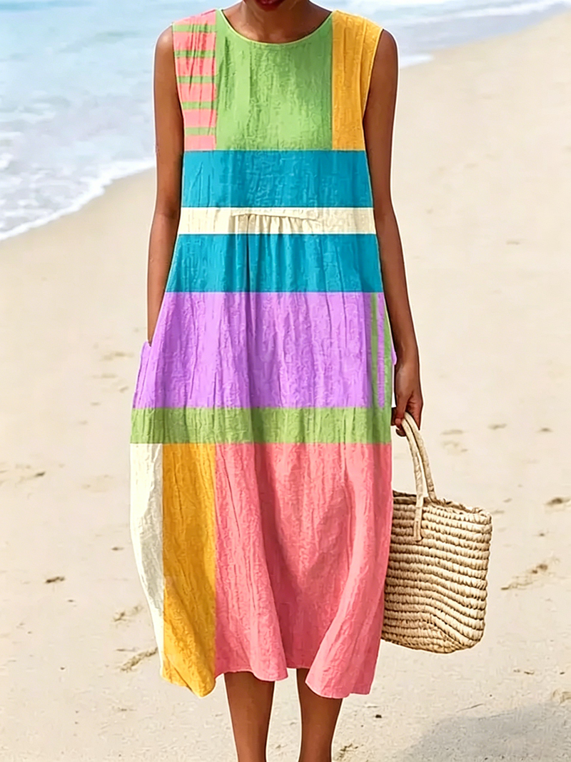 Lockeres A-Linien-Midikleid mit Taschen für den Strandurlaub