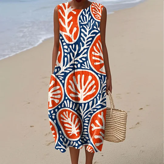 Ärmelloses Damen-Freizeitkleid aus Baumwolle mit Print