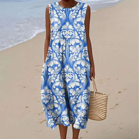 Ärmelloses Damen-Freizeitkleid aus Baumwolle mit Print