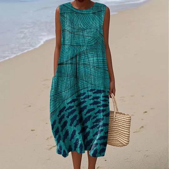 Ärmelloses Damen-Freizeitkleid aus Baumwolle mit Print