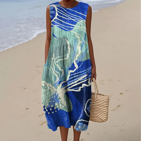 Ärmelloses Damen-Freizeitkleid aus Baumwolle mit Print