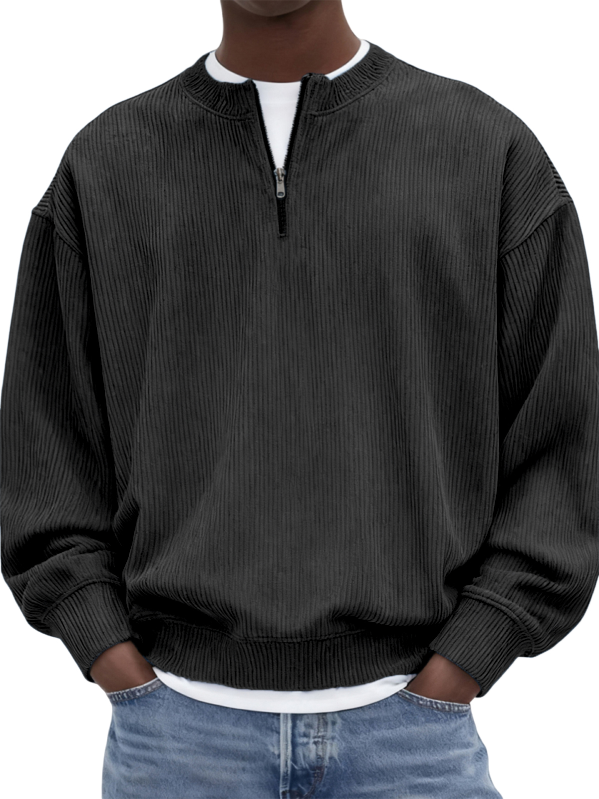 Herren Quarter-Zip Stilvolles Corduroy Langarm-Pullover-deurabatt