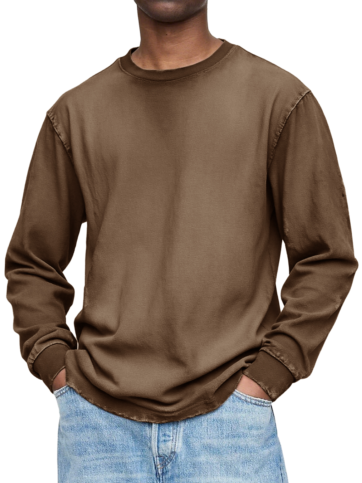 Herren Vintage gewaschen und distressed Baumwolle Rundhals Langarm T-Shirt-deurabatt