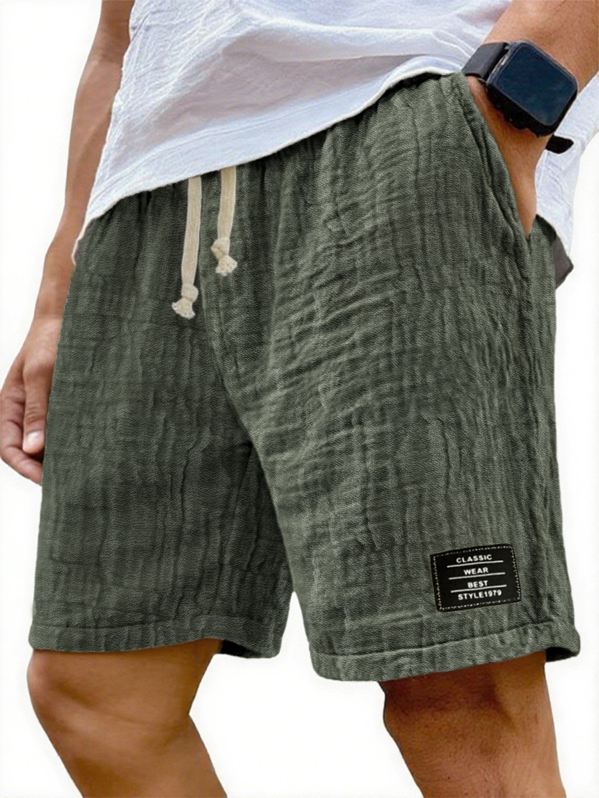 Herren Soft Crinkled Gauze Atmungsaktive Urlaub Bestickte Schnürshorts
