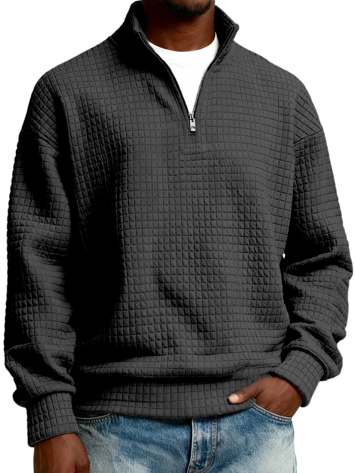 Herren-Stepppullover mit halbem Reißverschluss aus Jacquard-Gewebe-deurabatt
