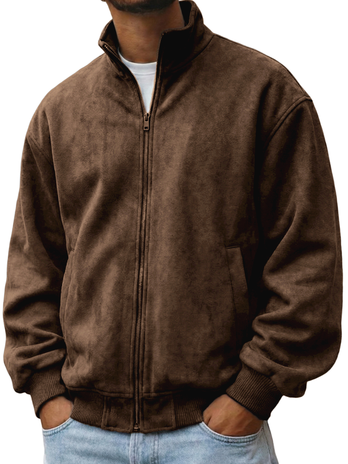 Herren-Komfortjacke aus strukturiertem Faxu-Wildleder mit Reißverschluss-deurabatt