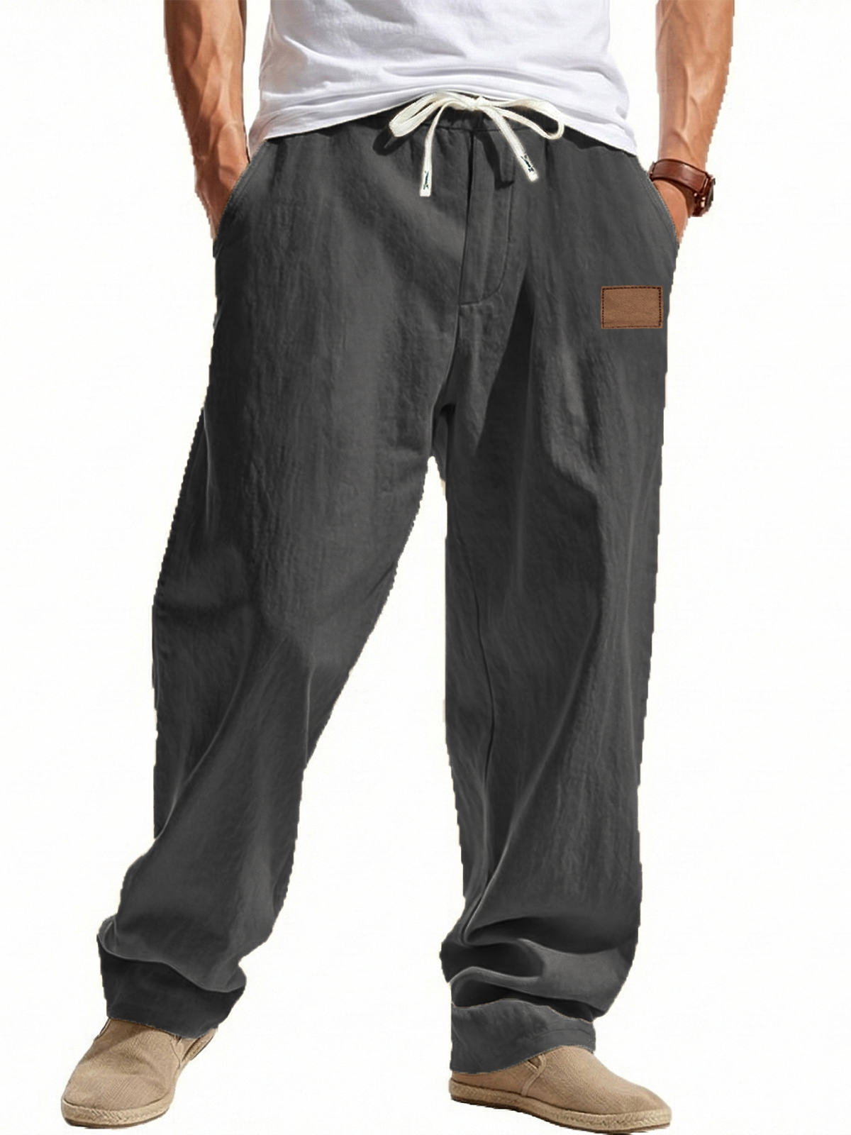 Lässige Leinen-Baumwoll-Hose mit weitem Bein und besticktem Etikett-deurabatt