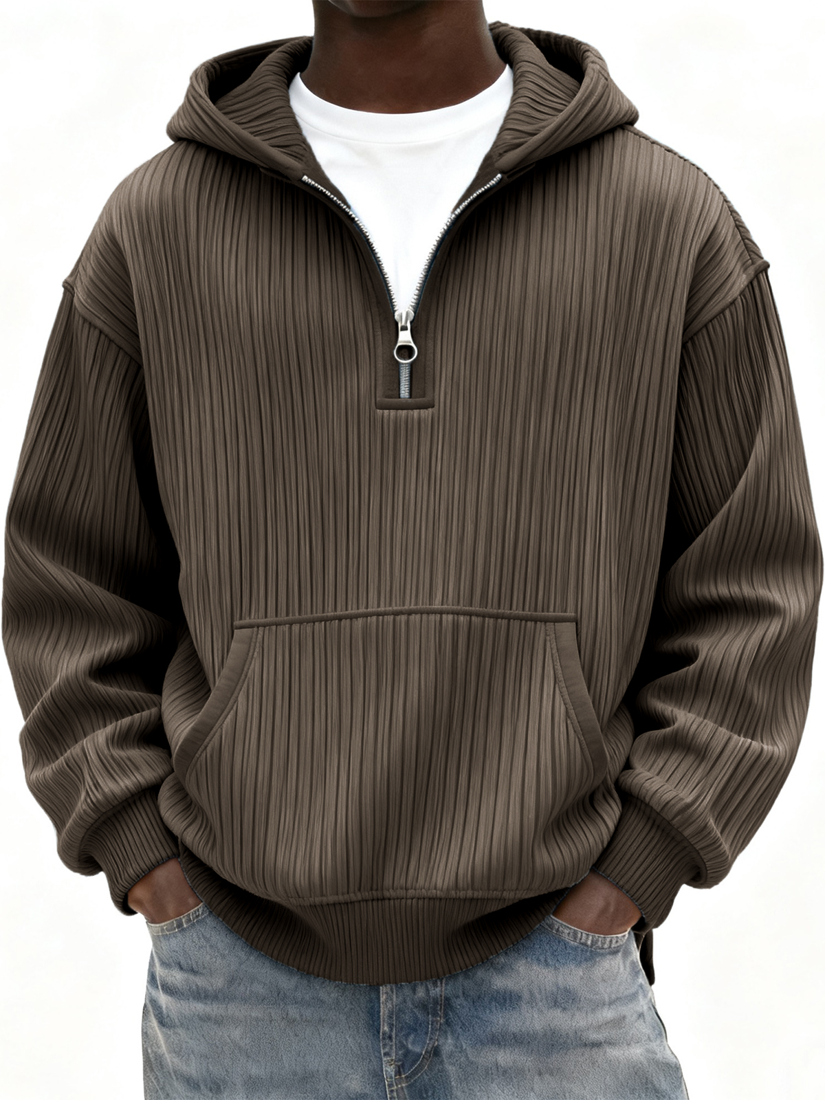 Herren Rippstrick Viertel Reißverschluss Hoodie mit Kängurutasche-deurabatt