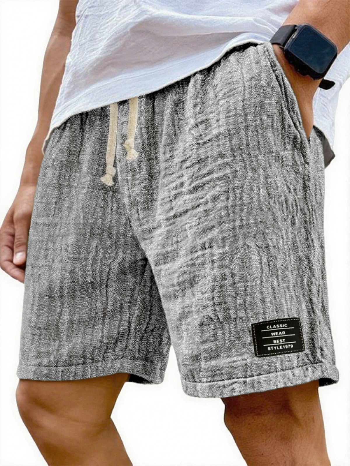 Herren Soft Crinkled Gauze Atmungsaktive Urlaub Bestickte Schnürshorts