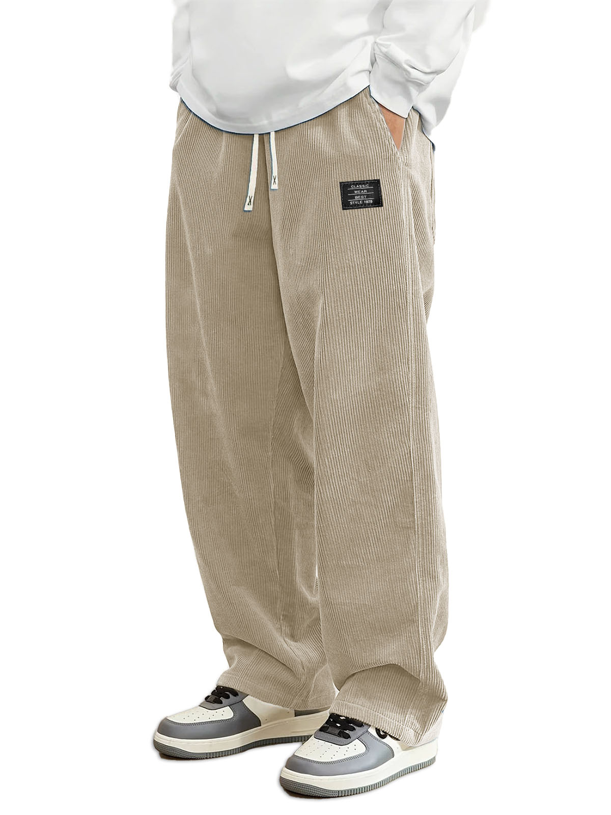Herren Daily Casual Pit Streifen Corduroy Stoff Stickerei Logo Tether Lockere Elastische Taille Taschenhose-ZierMode