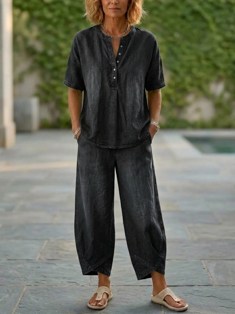 Today 49% off🔥Women’s Denim Henley Top & Wide Leg Pants Set-ZierMode