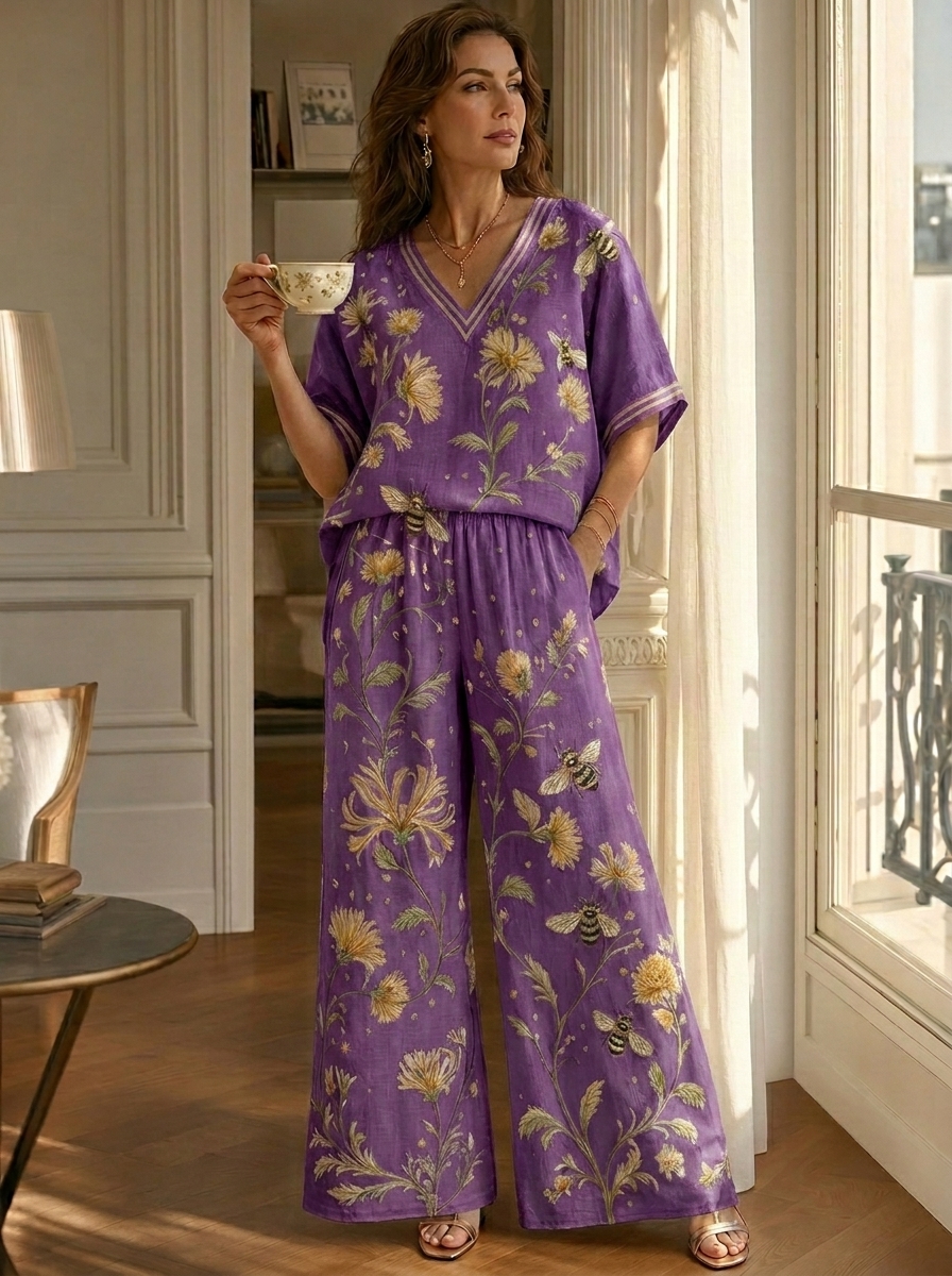 Damen Leinen-Look Jumpsuit mit Bienen- & Blumenprint – Weite Hose, V-Ausschnitt & Luftig