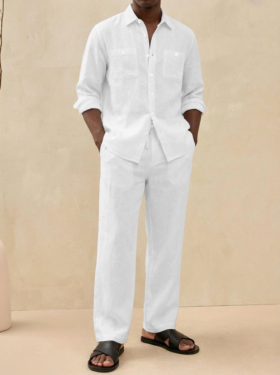 Herren Old Money Stil Freizeit Baumwoll- und Leinenhemd und Hosen Set-deurabatt