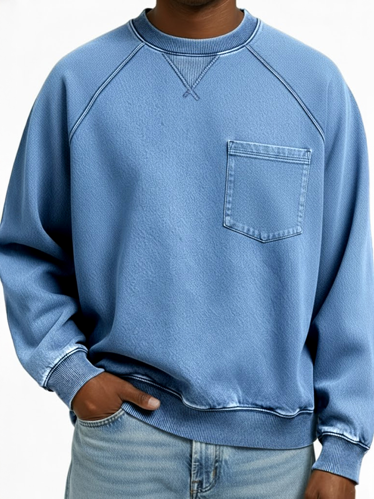 Herren Vintage Distressed Raglan Ärmel X-gestickte Patchwork Tasche Rundhals Pullover Sweatshirt-ZierMode