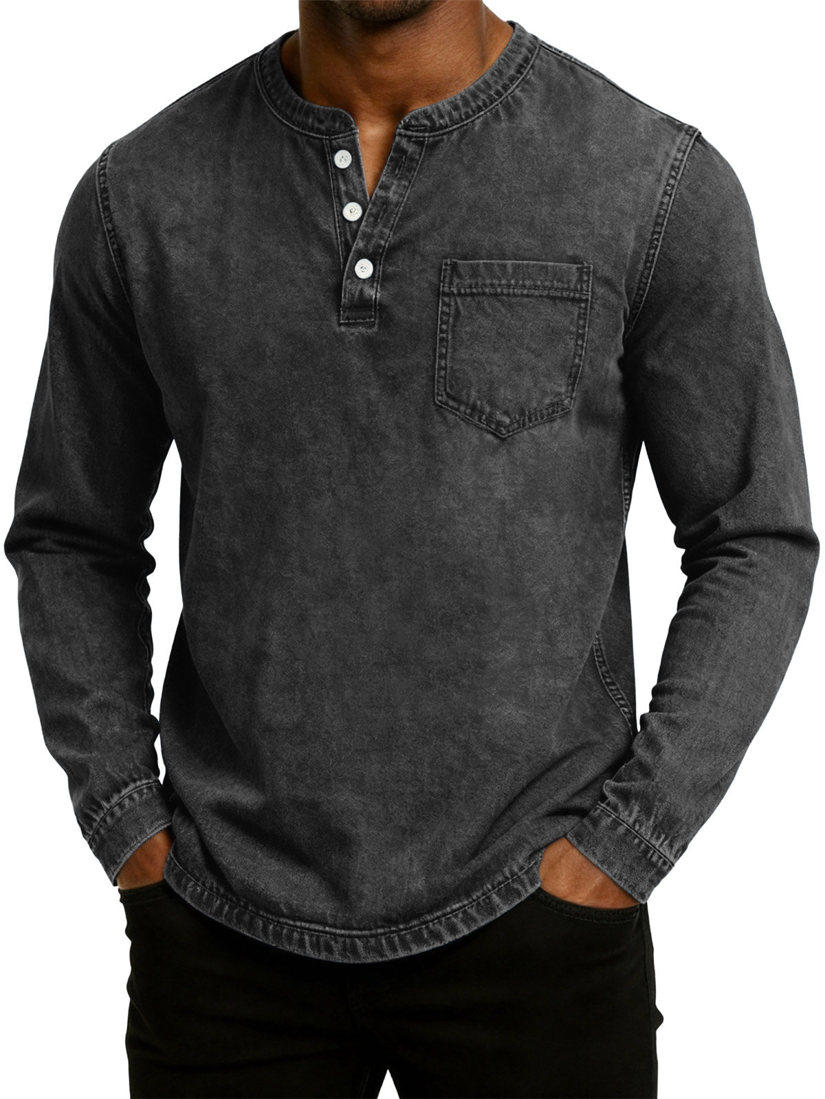 Herren Retro Mode gewaschenes, abgenutztes Henley-Kragen Langarm-T-Shirt-deurabatt