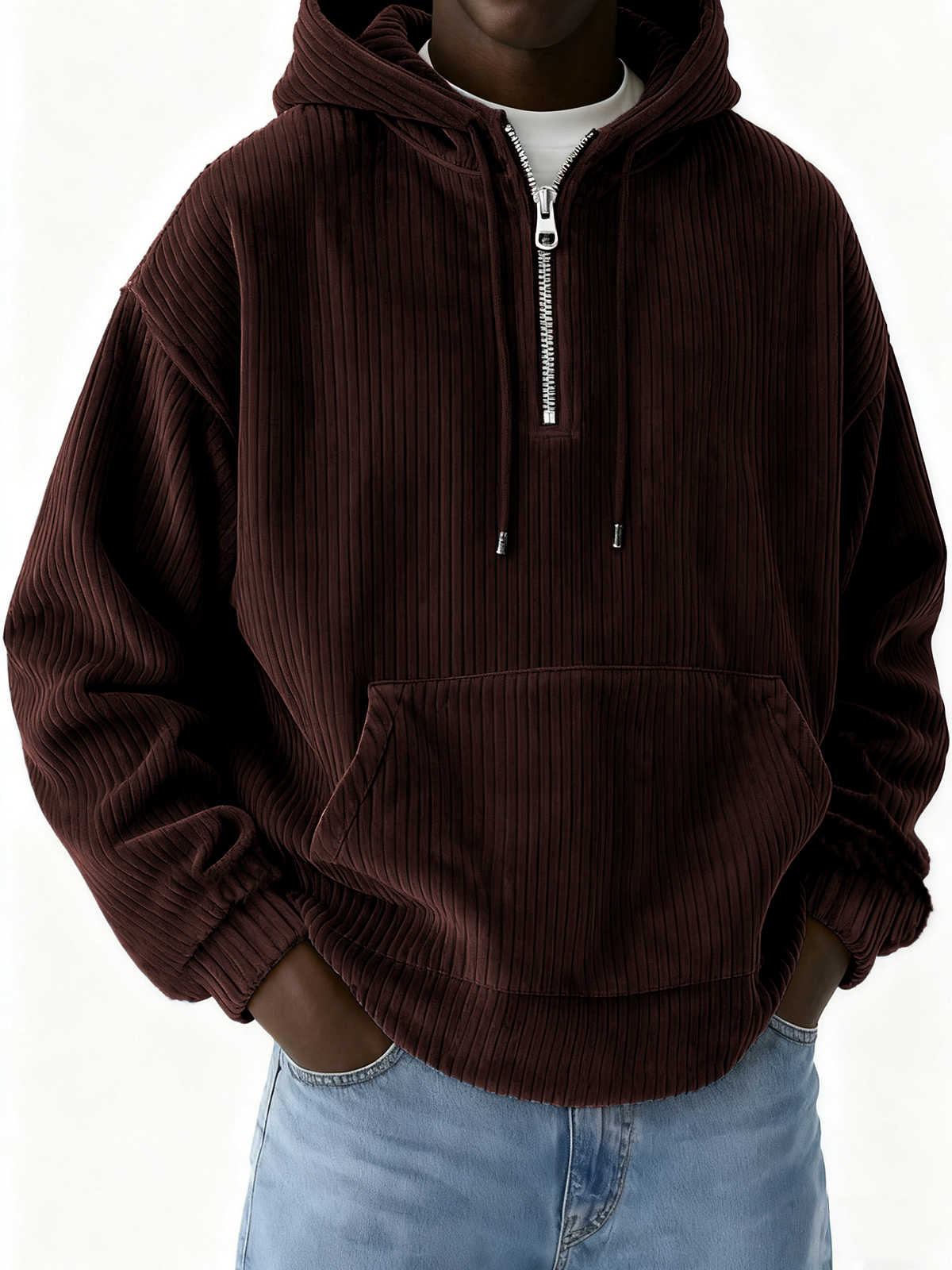Herren-Cord-Sweatshirt mit halbem Reißverschluss und Kapuze-deurabatt
