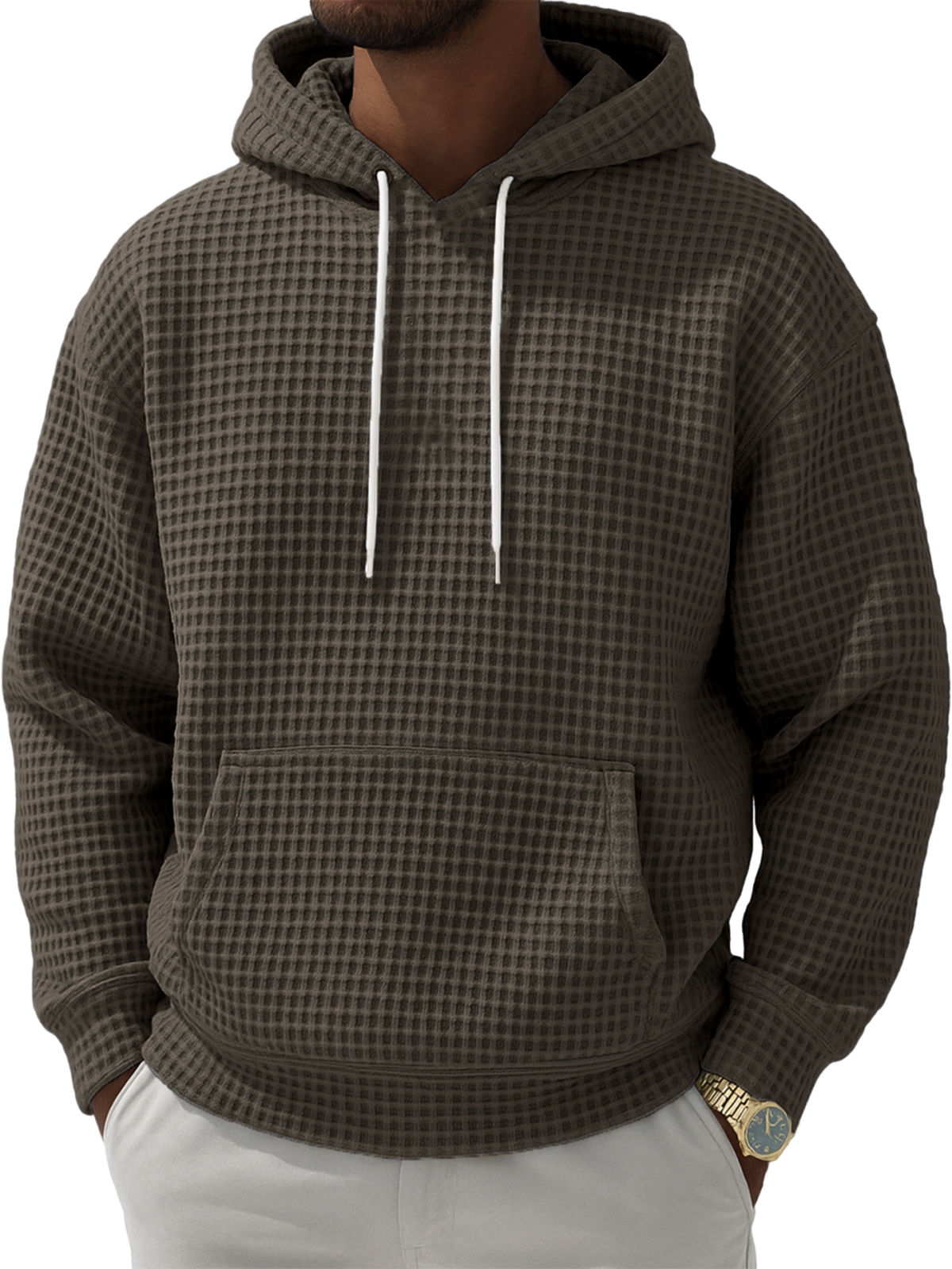 Herren Waffelstruktur Freizeit Pullover Kapuzen-Sweatshirt-deurabatt